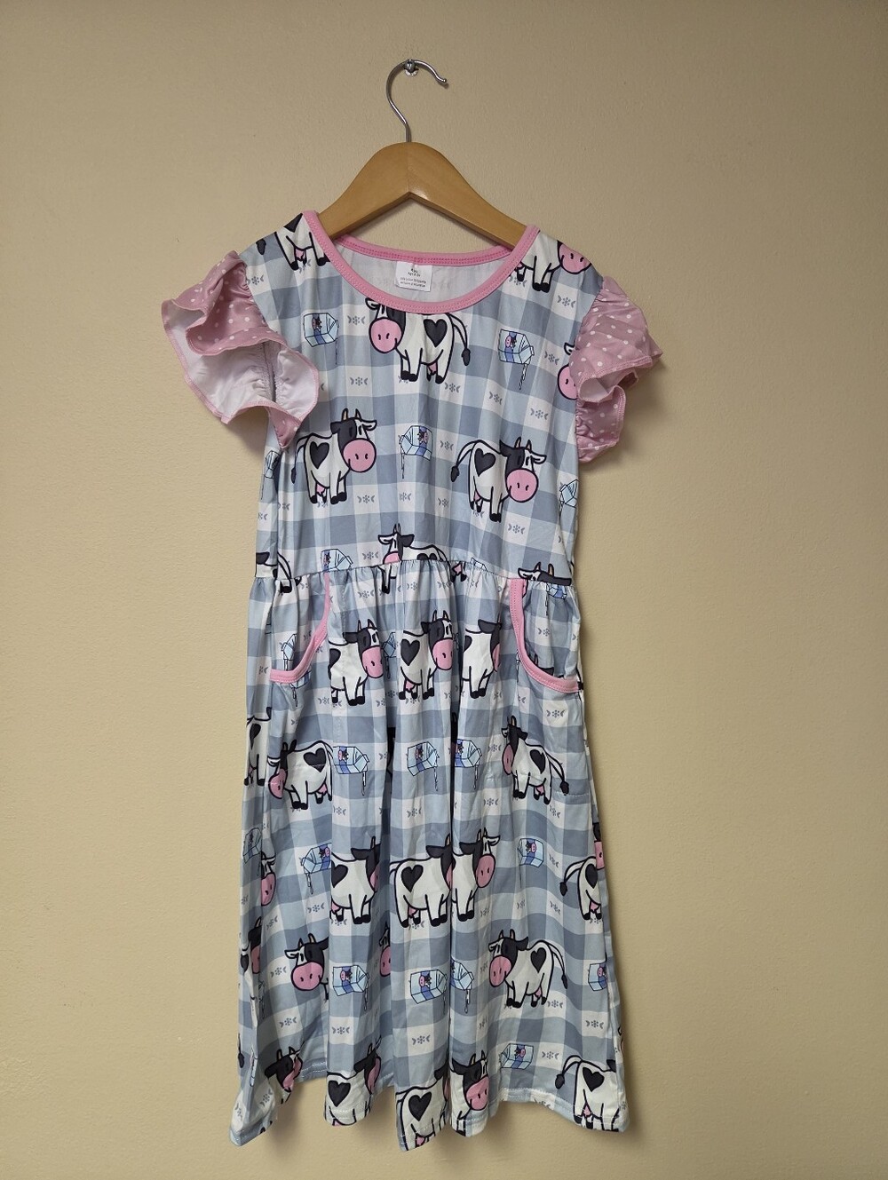 GLK Boutique Dairy Cow Dress, flutter sleeve, size 8-9